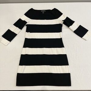 International Sweater Dress Womens Sz M Black  White Striped Neck 3/4 Sleeve